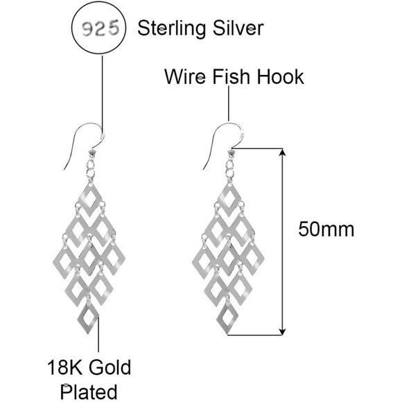 925 Sterling Silver Diamond-Shape Chandelier Geometric Drop Earrings for Women - Picture 3 of 5